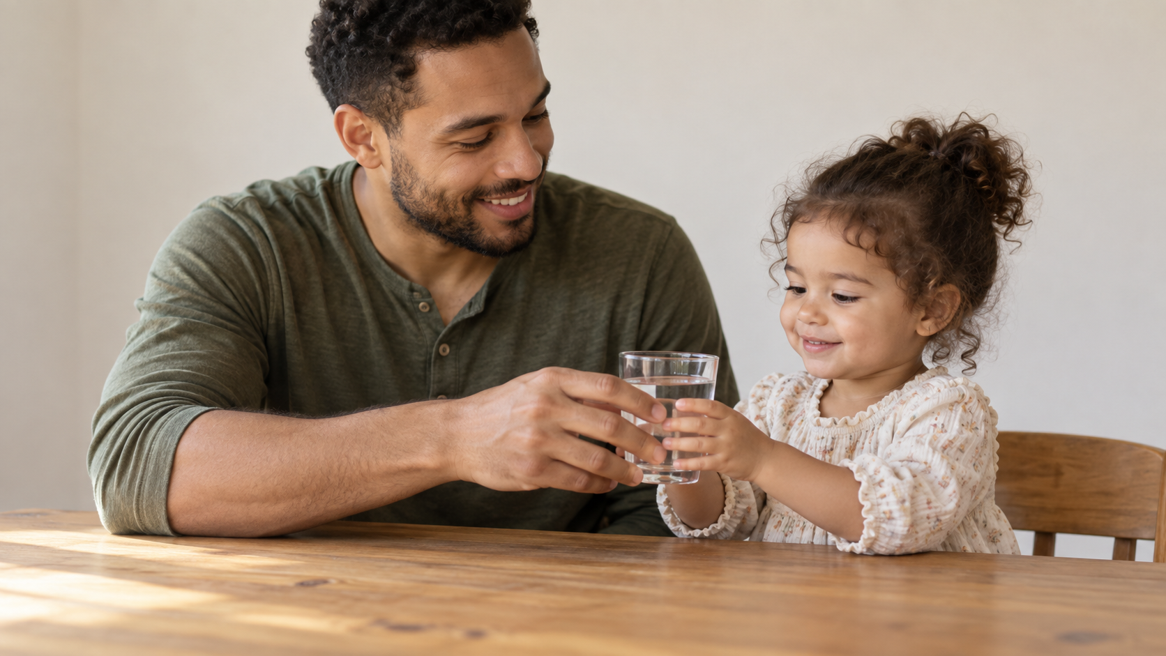 Multiracial father giving his toddler water at the kitchen table