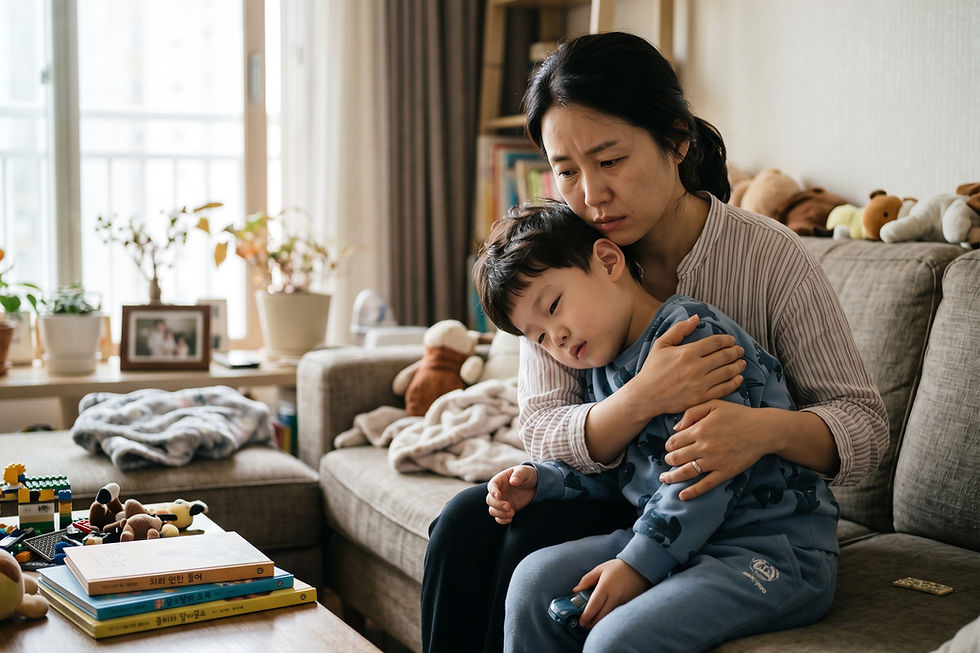 질문 일러스트: 5세 아이가 낮 시간대에 37.5~37.6도 미열이 한 달 넘게 지속되는데 마이코플라스마 감염 후유증일까요?