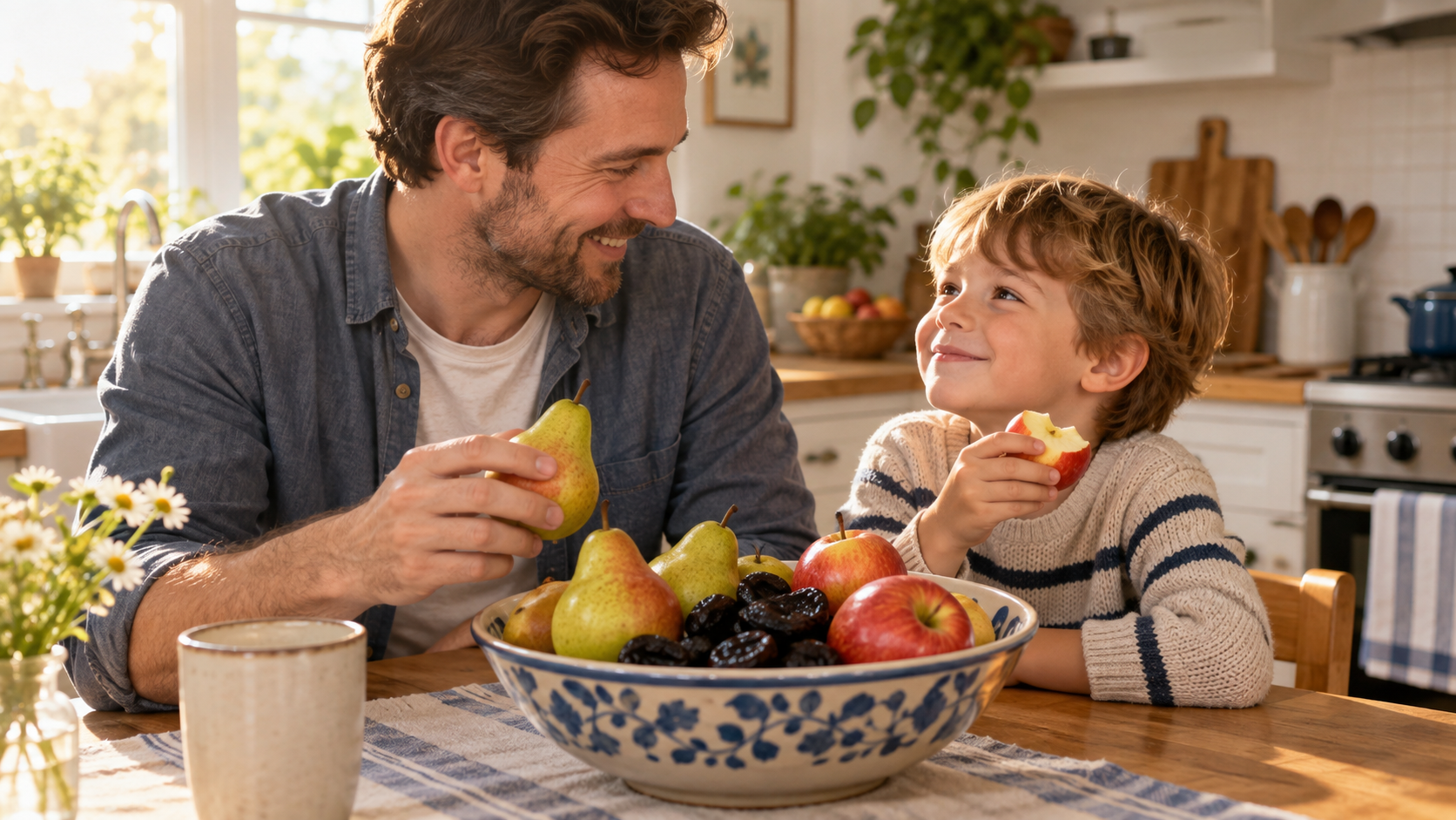 Father and young child sharing a bowl of fresh fruit together at the kitchen table