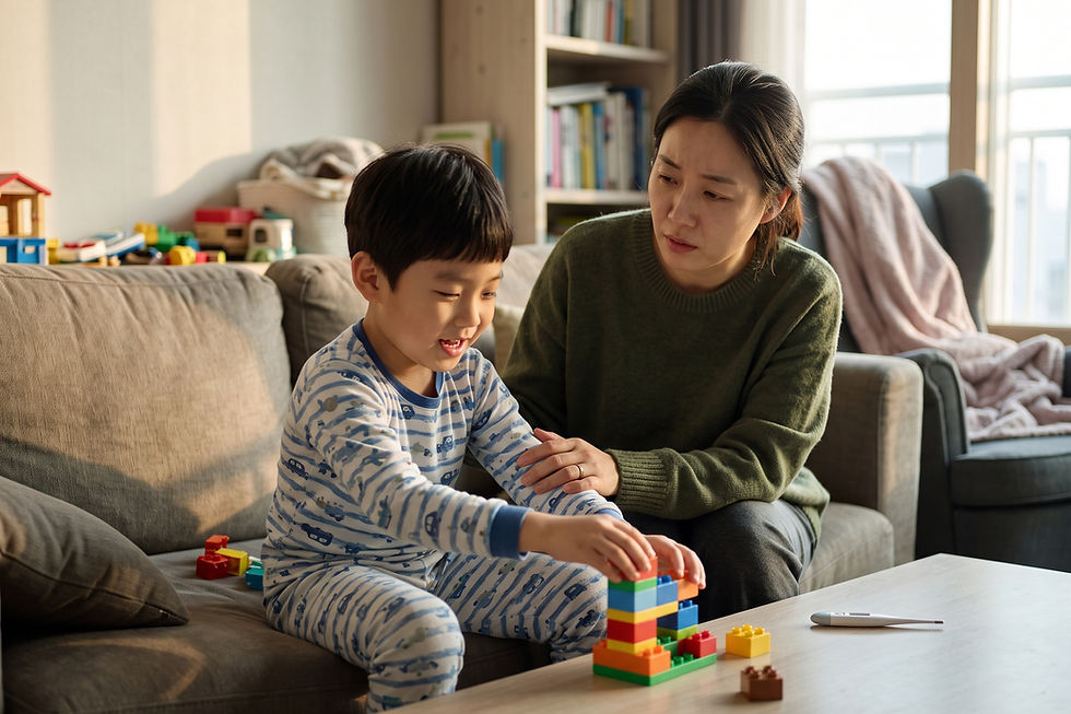 질문 일러스트: 7살 아이 감기 증상 일주일째에 38도 열이 오르락내리락하는데 폐렴일까요?