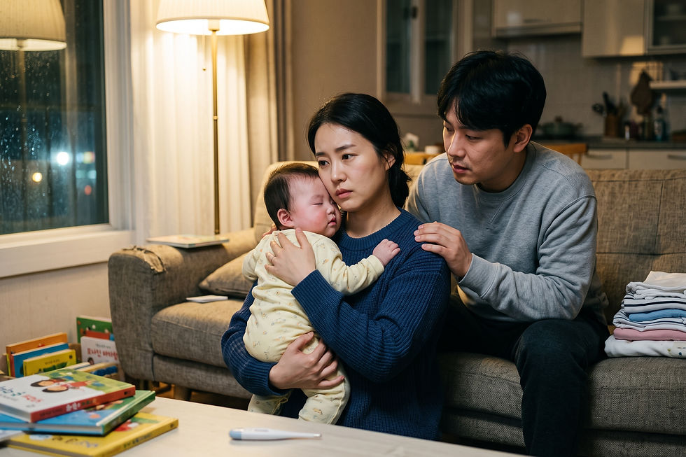 의사 답변 일러스트: 누나가 구내염에 걸렸는데 10개월 동생이 39도 고열이 납니다. 해열제를 먹여도 안 떨어지는데 응급실에 가야 할까요?