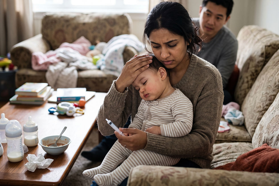 Illustration for the question: My 10-month-old baby with COVID-19 has a high fever, occasional cyanosis, and won't eat. How…