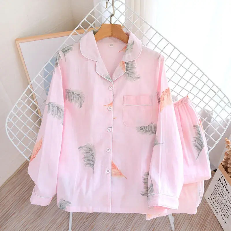 Thumbnail: 2024 Ladies Pajamas Set 100% Gauze Cotton Cartoon Rose Printed