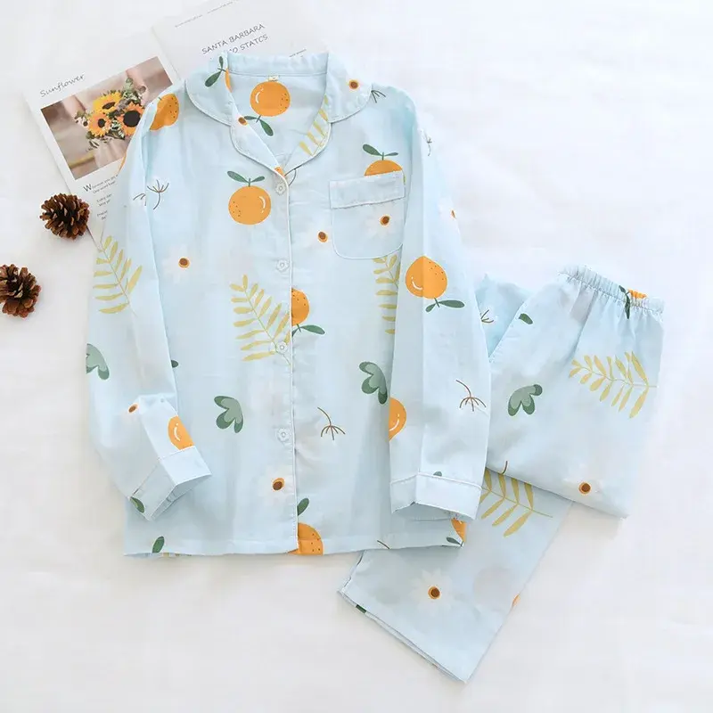 Thumbnail: 2024 Ladies Pajamas Set 100% Gauze Cotton Cartoon Rose Printed