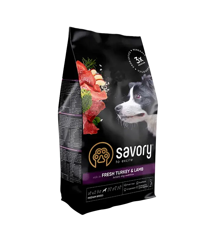 Сухий корм Savory для собак середніх порід зі свіжим м’ясом індички і ягняти, 1 кг