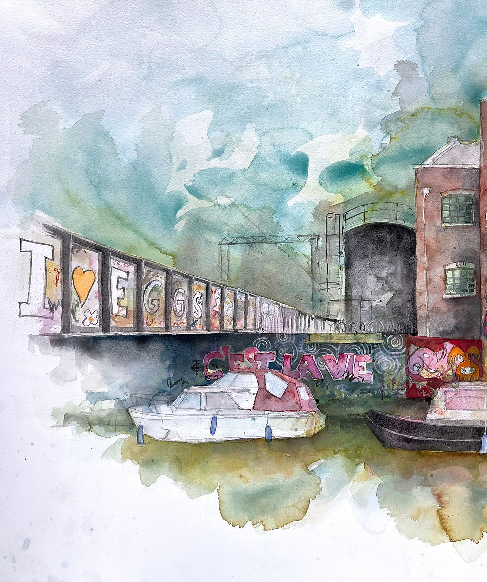 Thumbnail: Hackney Wick: The Riverbank - Watercolour - 150 x 50cm