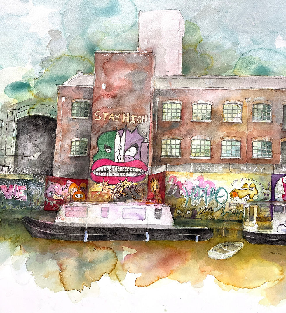 Thumbnail: Hackney Wick: The Riverbank - Watercolour - 150 x 50cm