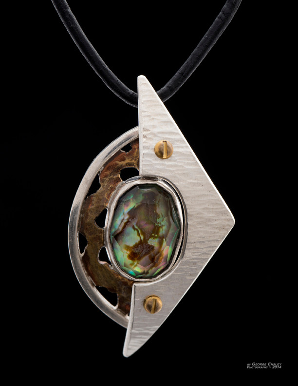 Sterling Silver, Quartz, Abalone and Brass Pendant