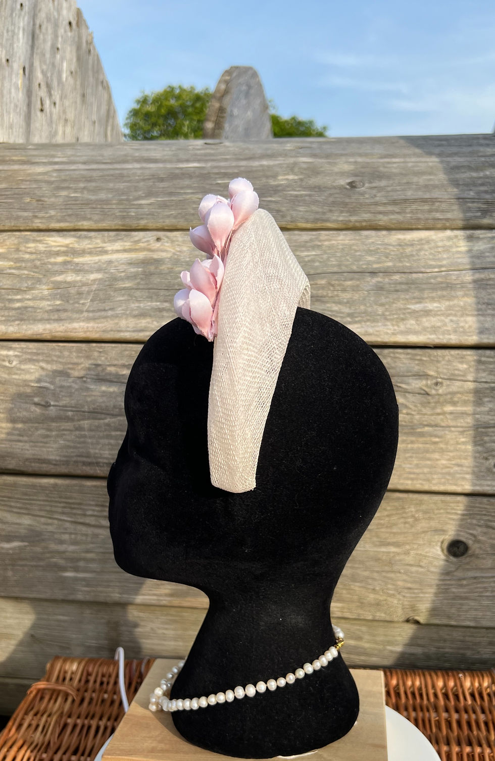 Thumbnail: Blossom - Ivory Halo Fascinator with Hand-Stitched Pink Blossom Flowers