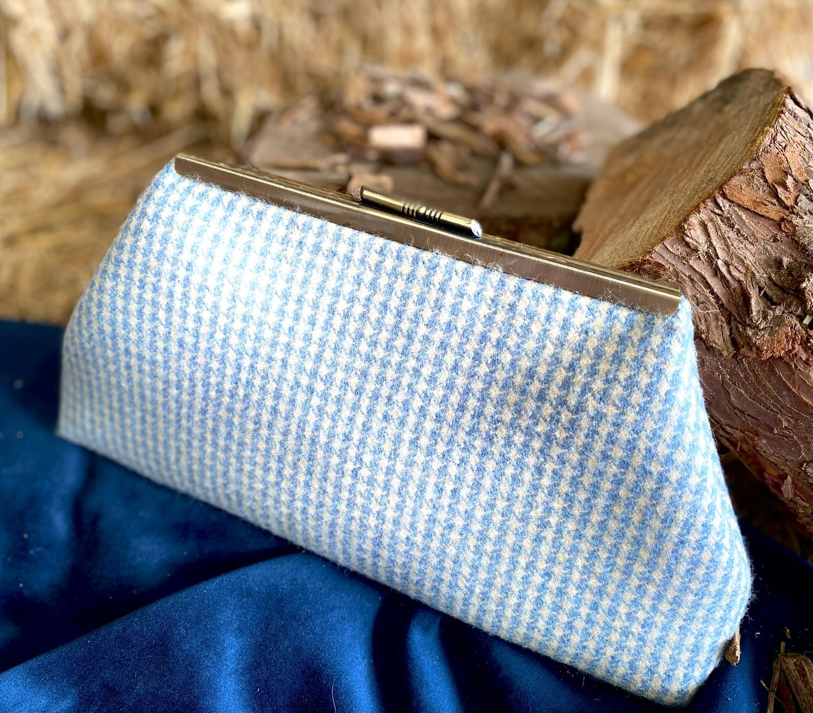 The Chester British Tweed Clutch Bag. Handmade vintage style in Ocean Blue