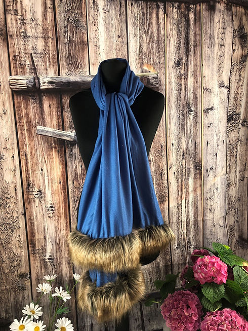 Blue scarf with Faux Fur edging at the ends