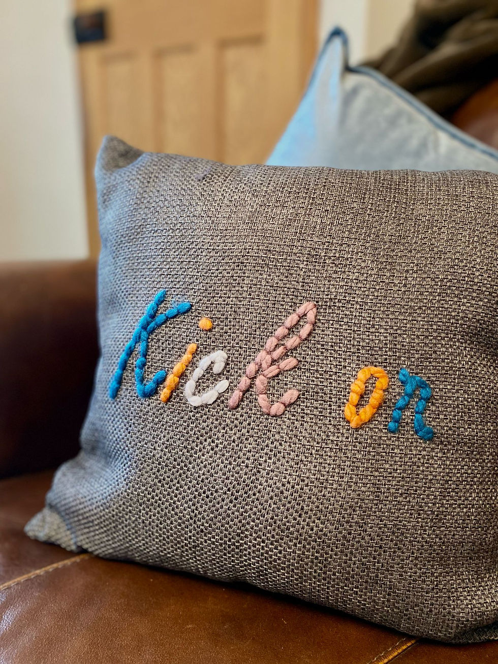 Thumbnail: Hand Embroidered Velvet / Basketweave Cushion