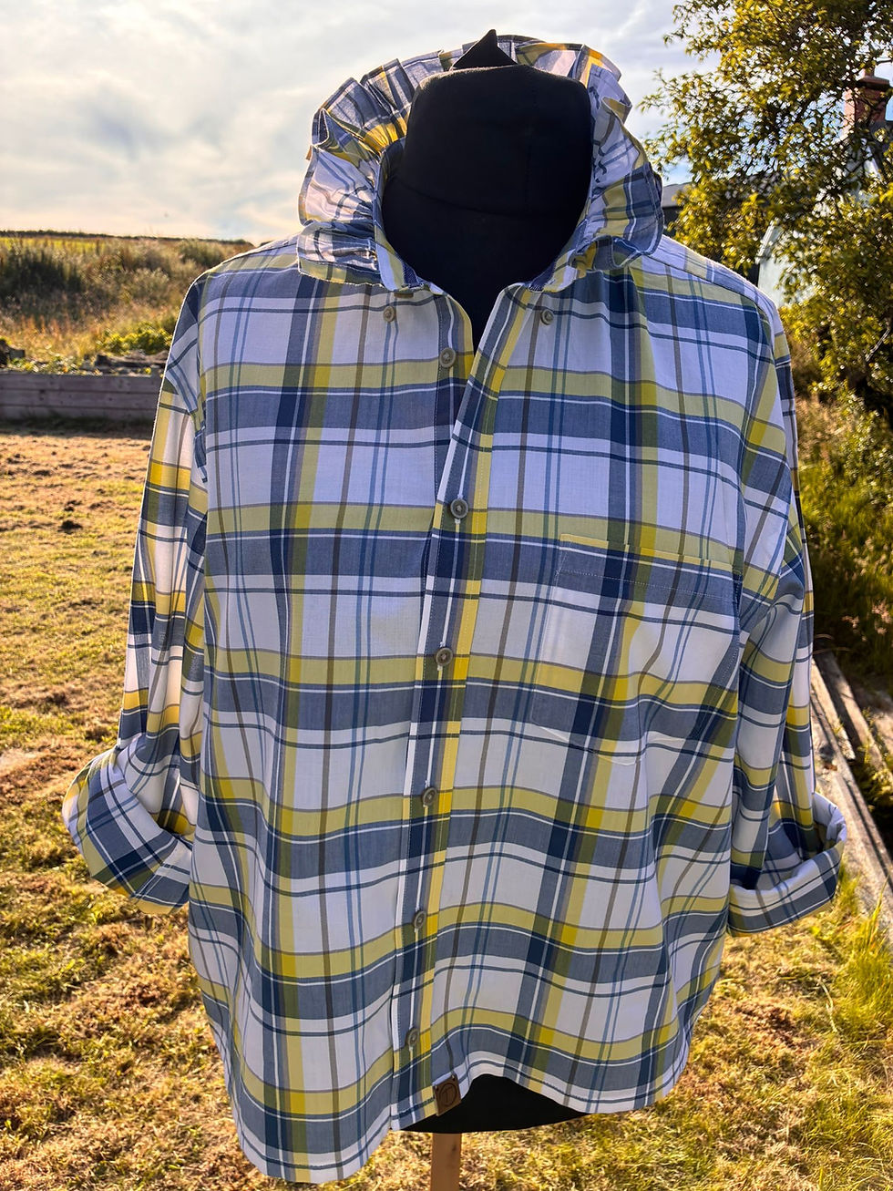 Thumbnail: Upcycled Men's Shirt with Ruffle Collar Blue, Yellow and White Check - XL