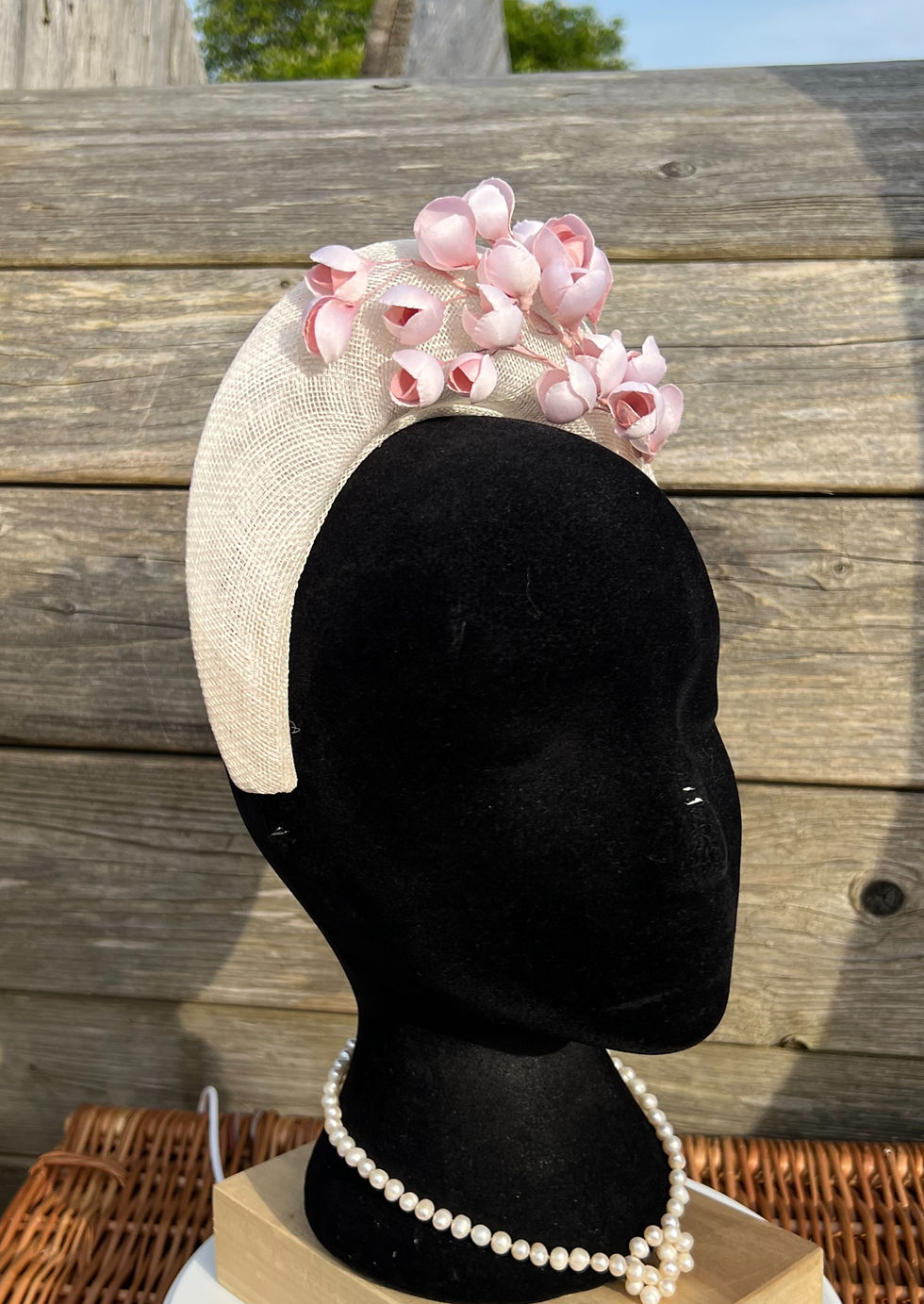 Thumbnail: Blossom - Ivory Halo Fascinator with Hand-Stitched Pink Blossom Flowers