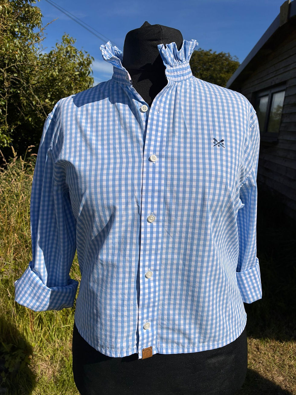 Thumbnail: Upcycled Men's Shirt with Ruffle Collar Blue & White Check - Large