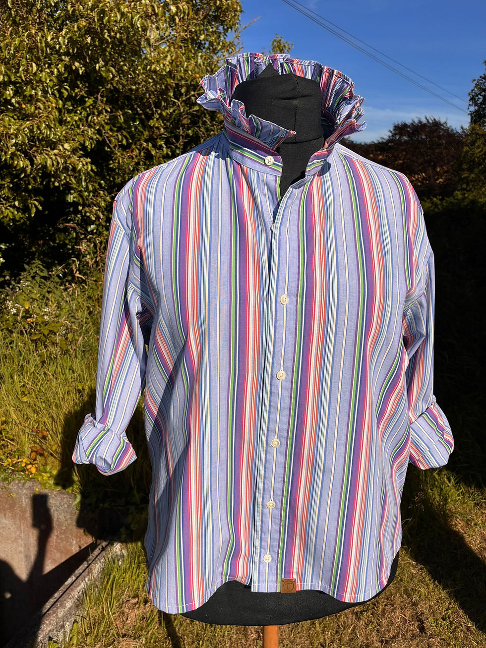 Thumbnail: Upcycled Ralph Lauren Men's Shirt with Ruffle Collar Multi Colour Stripe - XL
