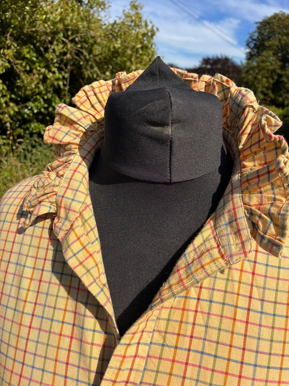 Thumbnail: Upcycled Men's Tattersall Check Shirt with Ruffle Collar, Gold Multi -- Large