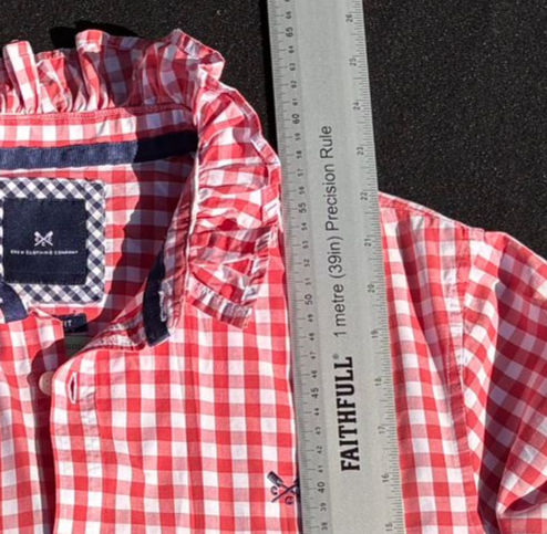 Thumbnail: Upcycled Men's Shirt with Ruffle Collar Red & White Check - Medium