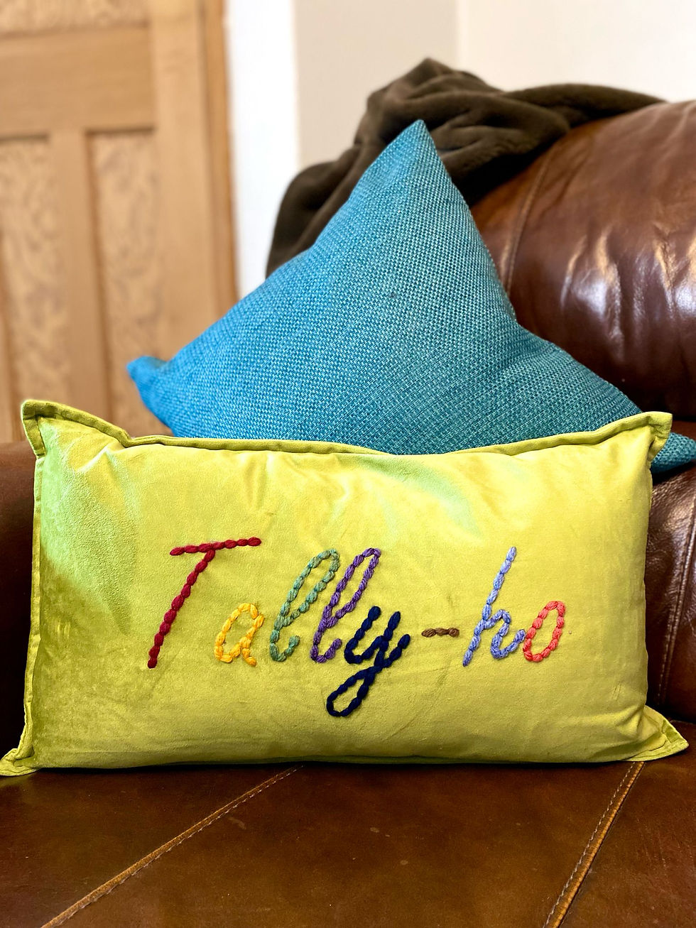 Thumbnail: Hand Embroidered Velvet / Basketweave Cushion