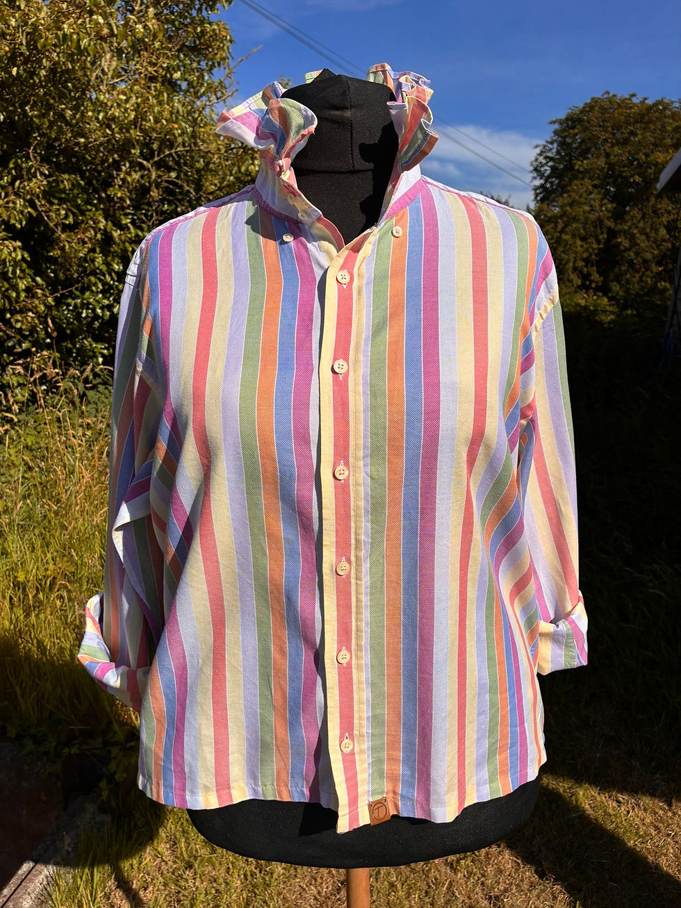 Thumbnail: Upcycled Men's Shirt with Ruffle Collar Multi colour Stripe - Large