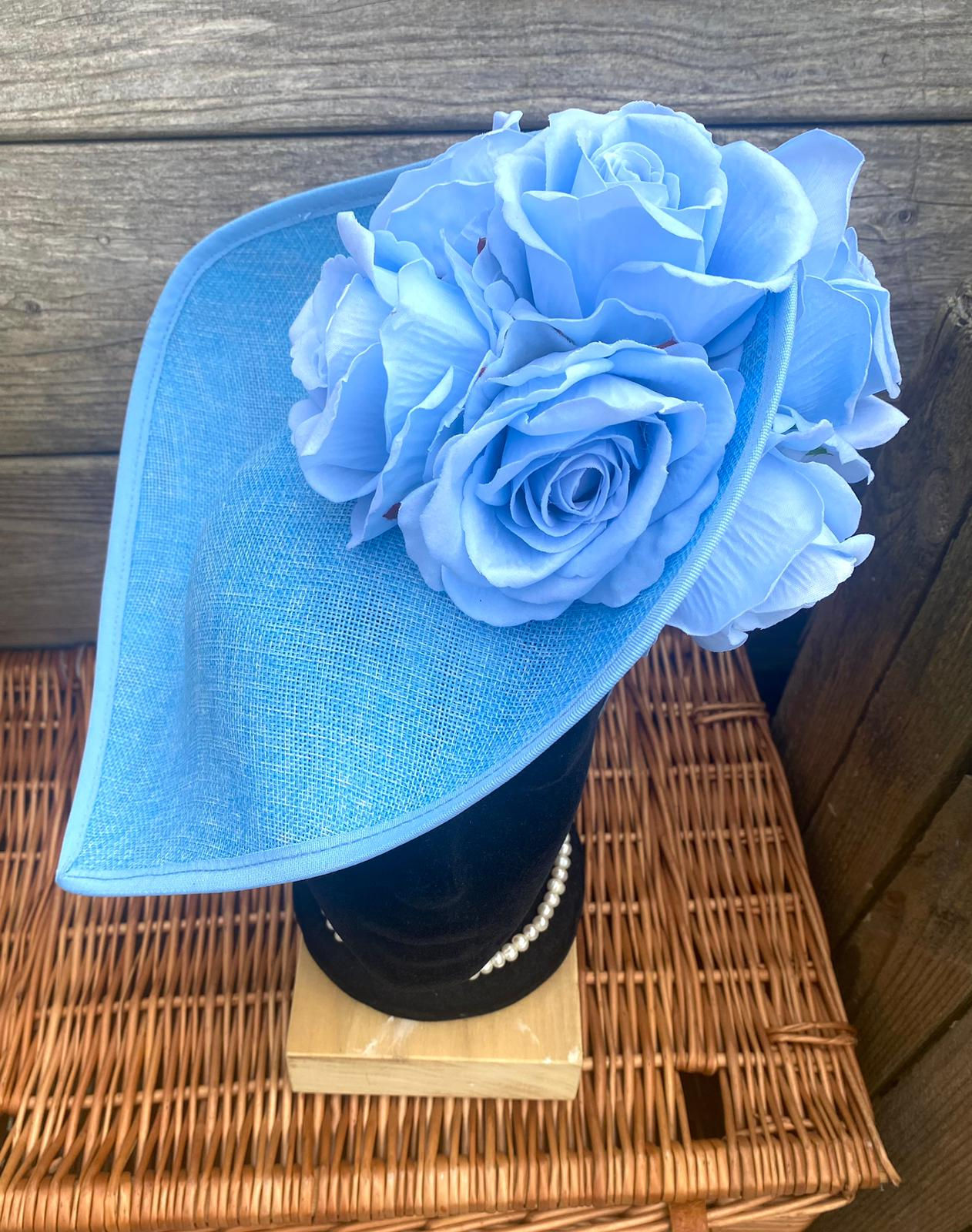 Evelyn - Large Light Blue Teardrop Fascinator with stunning roses