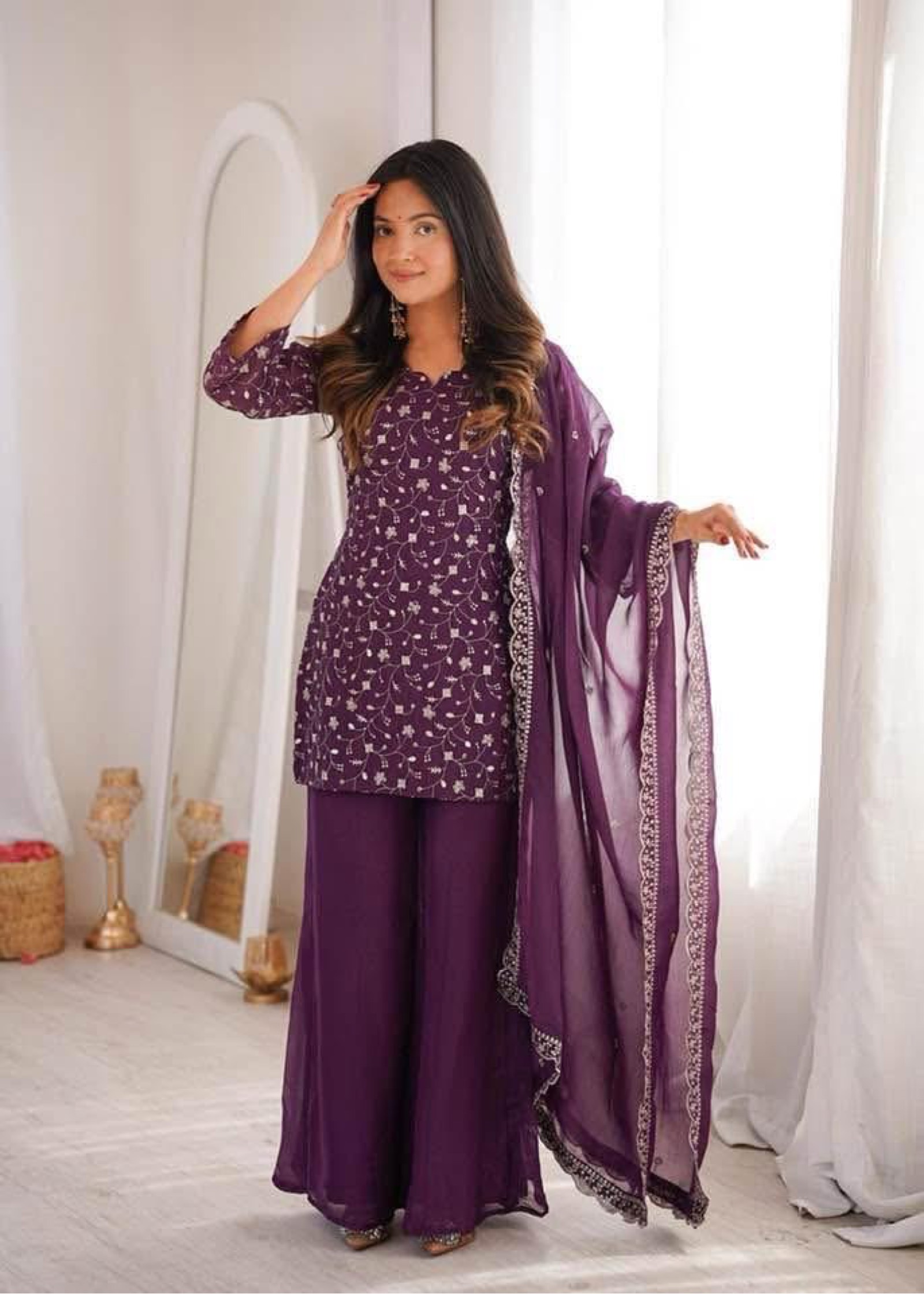 Purple Embroidered Sharara Suit Set