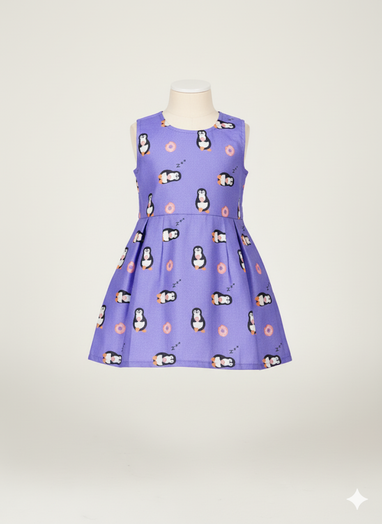 Thumbnail: Girls’ Purple Sleeveless Dress with Cute Penguin Print