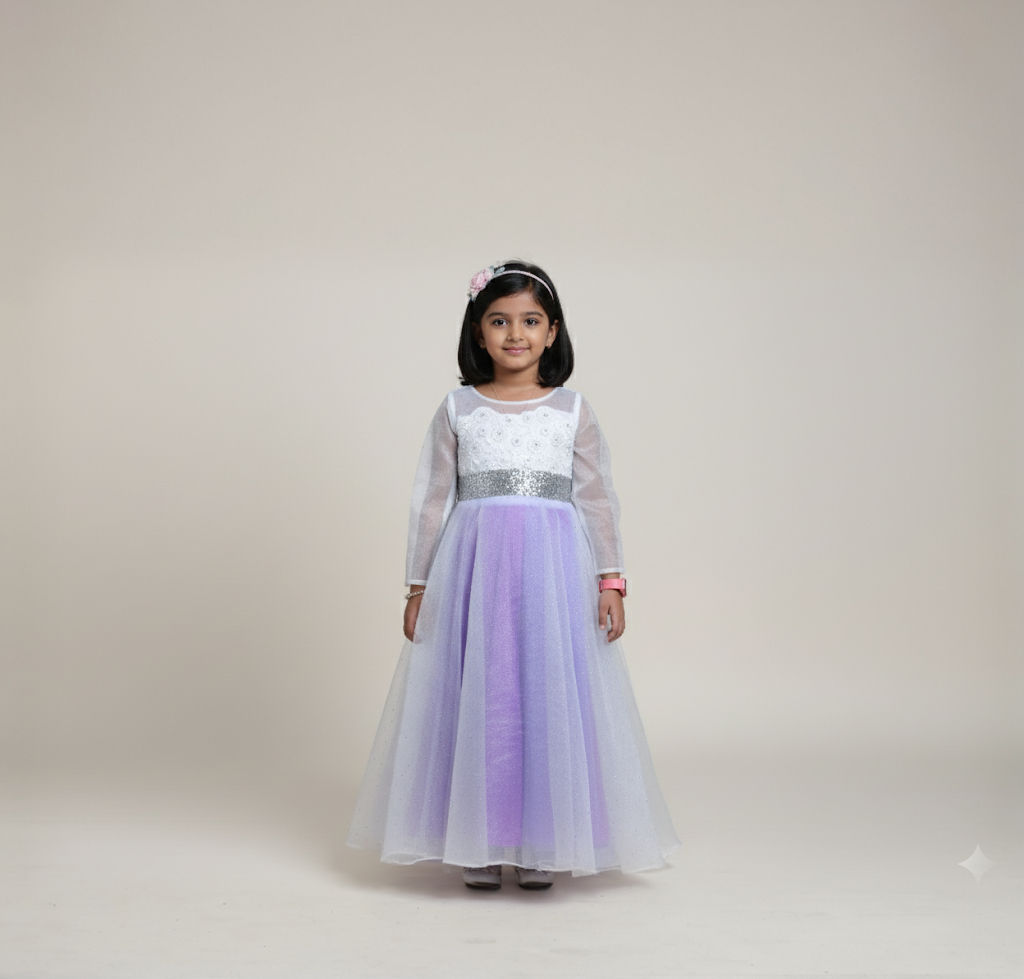 Girls’ Lavender Long Party Gown with Sequin Top & Floral Waist
