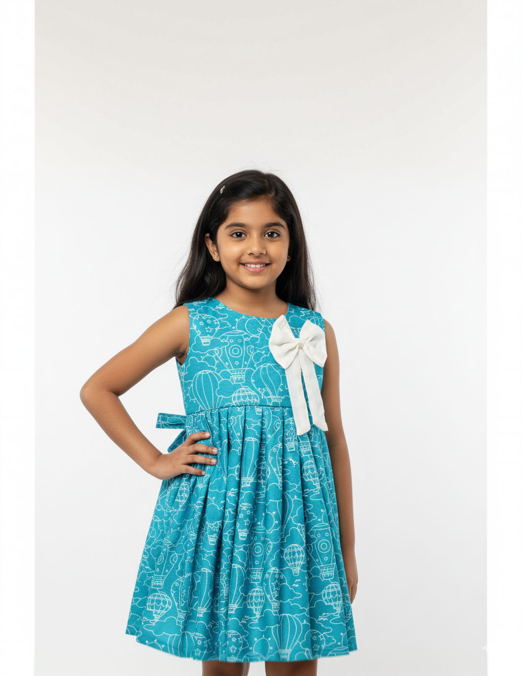 Girls’ Blue Sleeveless Printed Dress with White Bow