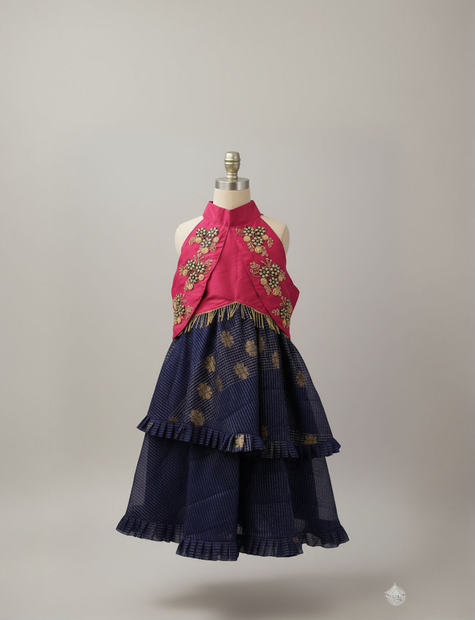 Thumbnail: Girls’ Pink and Navy Blue Embroidered Party Dress with Layered Skirt