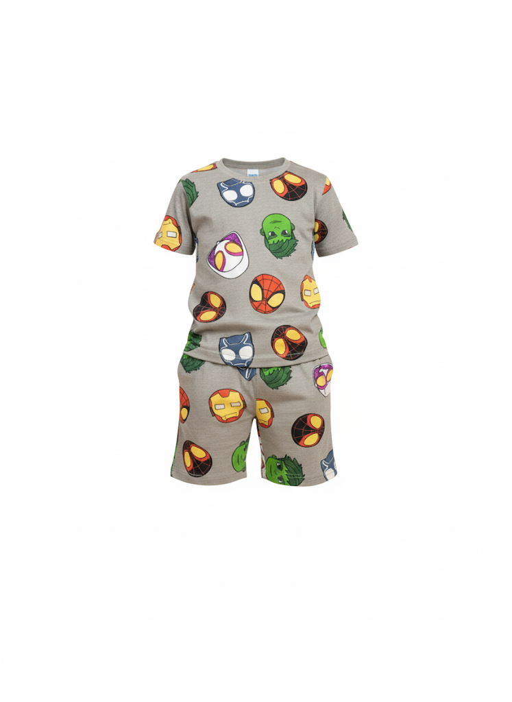Boys’ Grey Marvel Superhero Nightsuit Set – Cotton Half Sleeve Top & Shorts