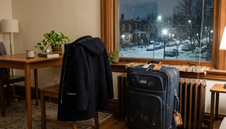 Wide-angle view of a packed suitcase beside a small apartment window on a snowy evening
