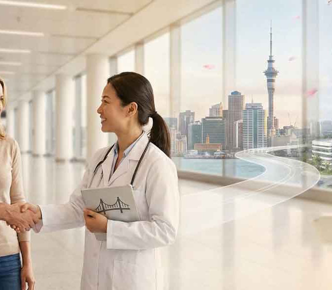 A composite image showing a couple shaking hands with a representative in a white coat. A translucent path connects a city skyline to a modern hospital complex, illustrating cross-border healthcare coordination.