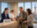 A MedBridgeNZ medical concierge assisting an international couple with logistical planning and hospital information on a tablet, featuring a professional reception setting with a Shanghai skyline background to represent medical tourism in China infrastructure.
