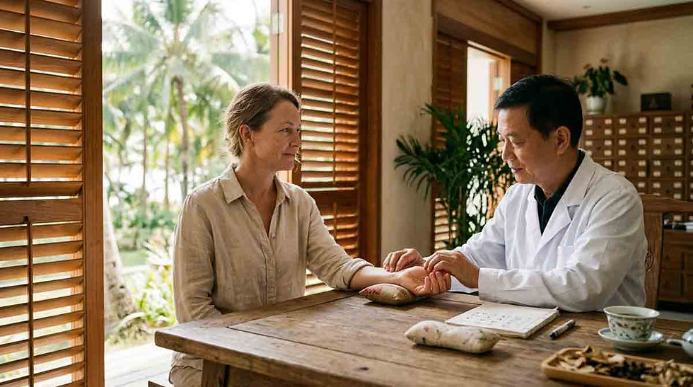 International patient discussing a TCM wellness consultation with a Chinese medicine physician in Sanya.
