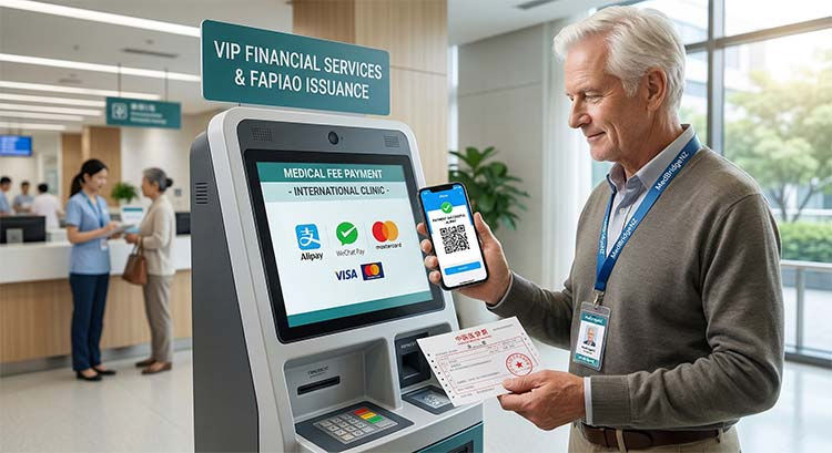 An expat patient smoothly paying for medical treatment in China by scanning a QR code with a digital wallet at a hospital financial kiosk, while holding a mandatory Fapiao tax receipt for international insurance reimbursement, guided by MedBridgeNZ.