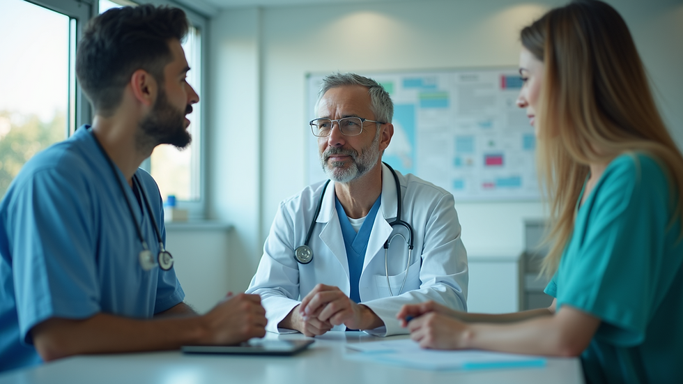 Eye-level view of a patient consulting with a healthcare professional in a modern hospital