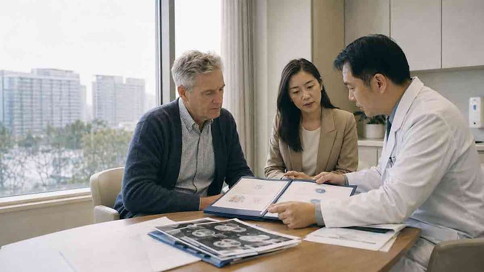 Western patient reviewing commercial CAR-T and clinical trial pathways in China with a hospital clinician and bilingual coordinator.
