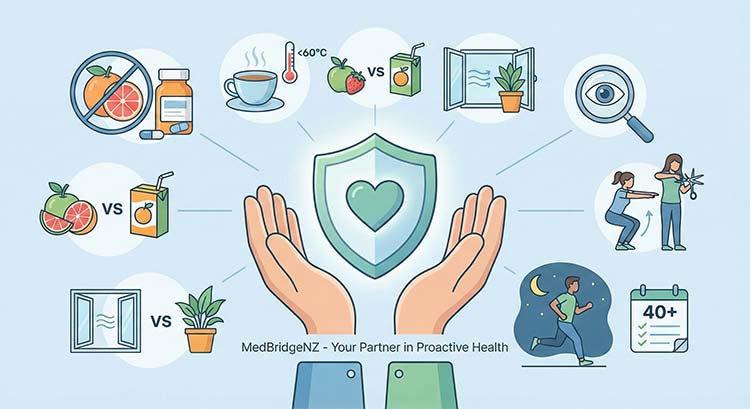 A flat-style illustration symbolizing proactive healthcare. Hands hold a protective shield surrounded by icons representing 10 everyday preventative health tips, such as medication safety, dietary choices, ventilation, and age-specific screenings after 40. The text at the bottom reads "MedBridgeNZ - Your Partner in Proactive Health."