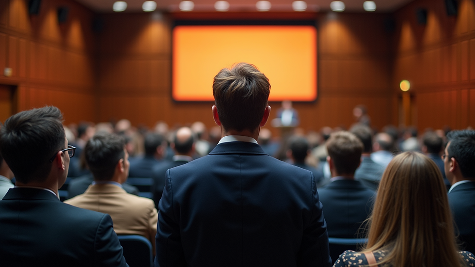 Eye-level view of a speaker presenting at a conference