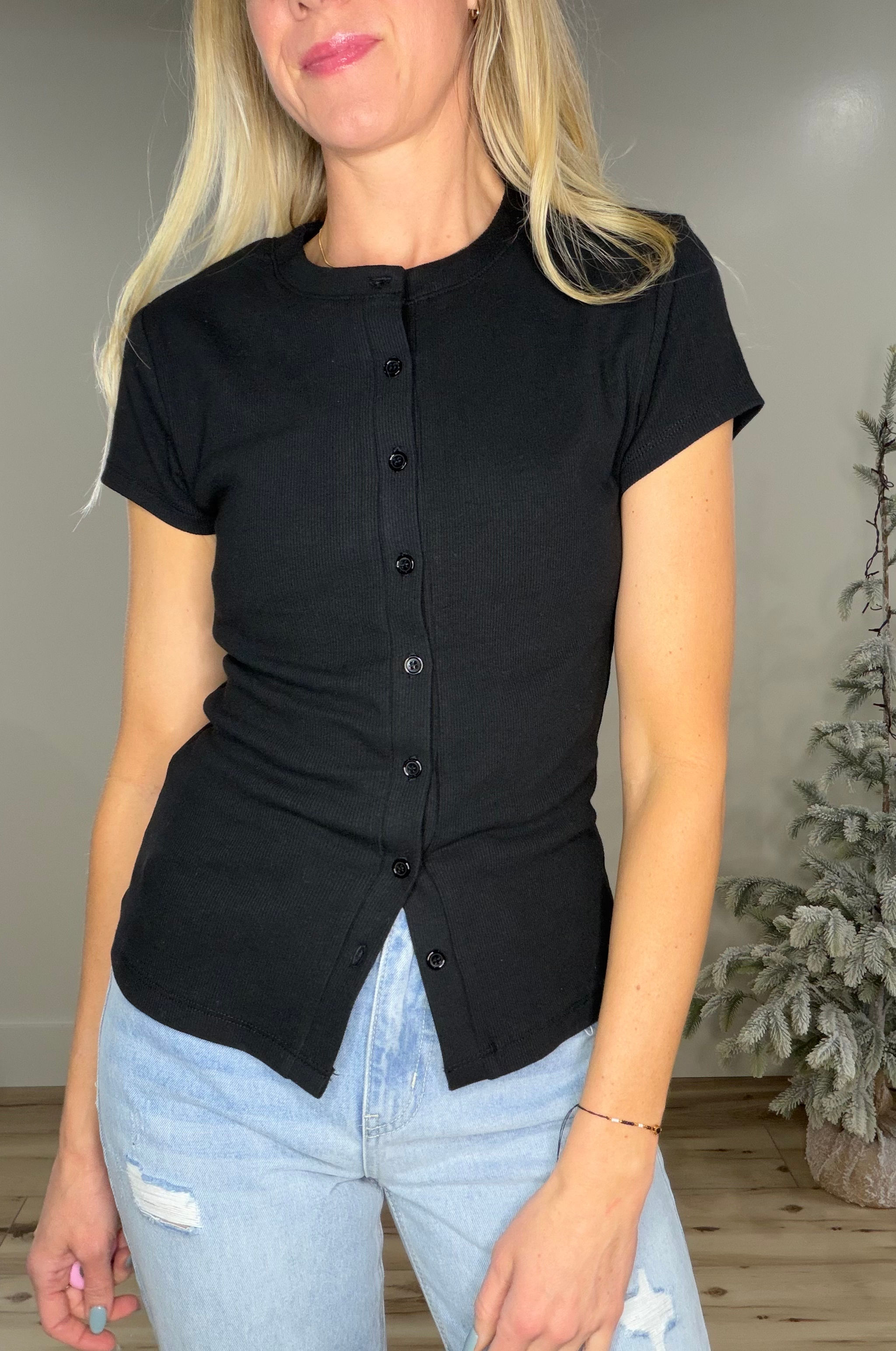 Button Front Crew Tee