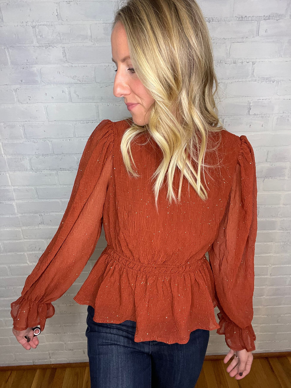 Thumbnail: Rust Glitter Balloon Sleeve Top