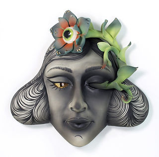 ceramic face sculpture, thin black lines, eyeball flower coming out of one socket