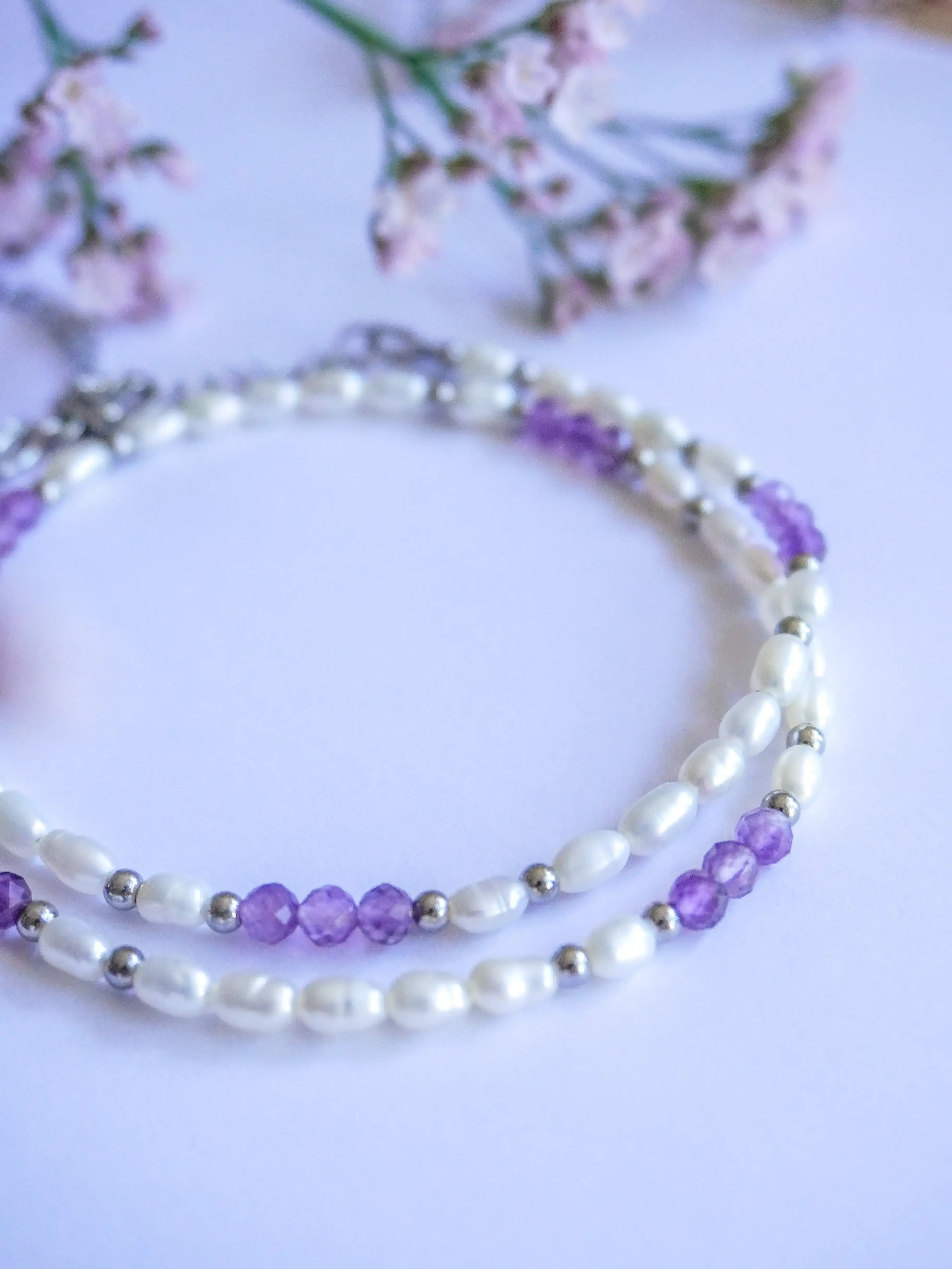 collier perles de culture d'eau douce améthyste facettée