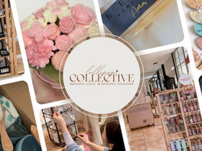 A collage of nine images showcasing products from Lollipop Collective. In the center, a circular logo reads "Lollipop Collective - BRINGING LOCAL BUSINESSES TOGETHER." Surrounding it are various photos, including: a wooden shelf with framed butterfly specimens, a bouquet of pink and white soap flowers, a bottle of cologne, heart-shaped keychains with different song lyrics and album years, a wooden baby brush and a "hello world" sign, a person Browse a stand with earrings, an interior shot of the collective's store, and a close-up of a person's eye with intricate makeup.