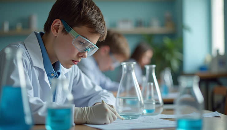 Eye-level view of a student working on a creative science project at a desk