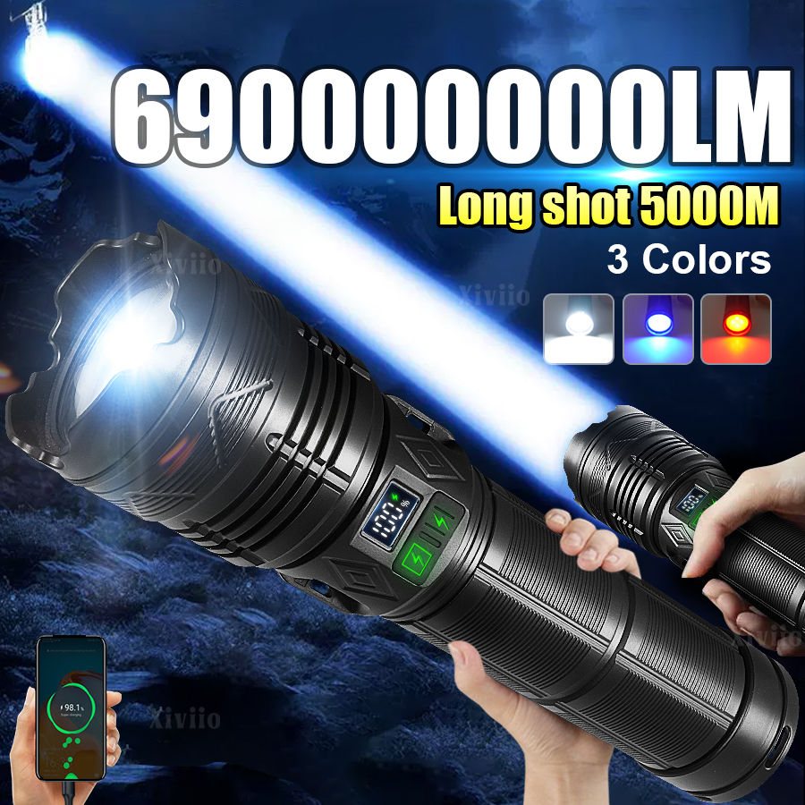 69000000LM 15000W Ultra Powerful Flashlight Telescopic Zoom Flash Lights Type-c