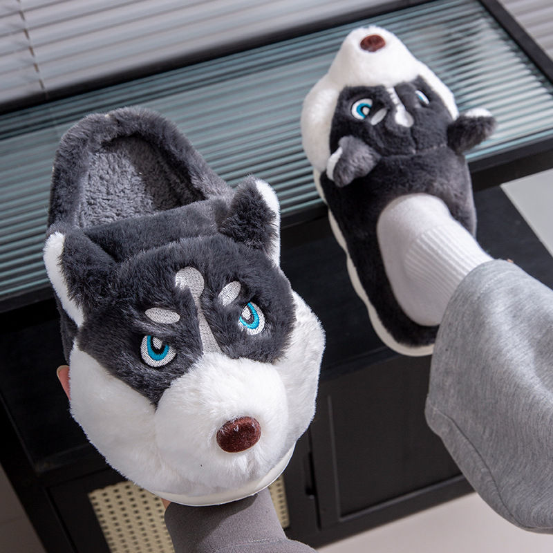 Women Indoor Cotton Slippers Cute Cartoon Dog Winter Warm Shoes Couples Home Flo