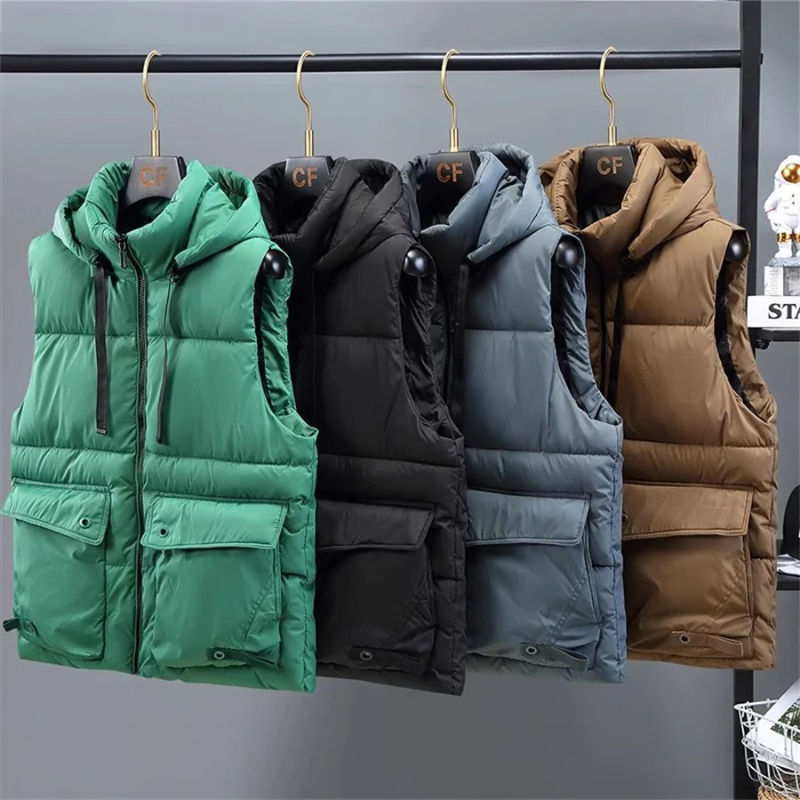 Men's Hooded Vest Winter Zipper Warm Stand Collar Waistcoat Men Cotton Padded Sl