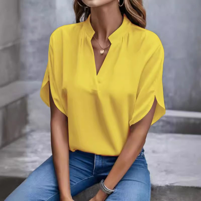 V Neck Short Sleeve Loose Blouse Women Casual Solid Color Top Office Lady Elegan